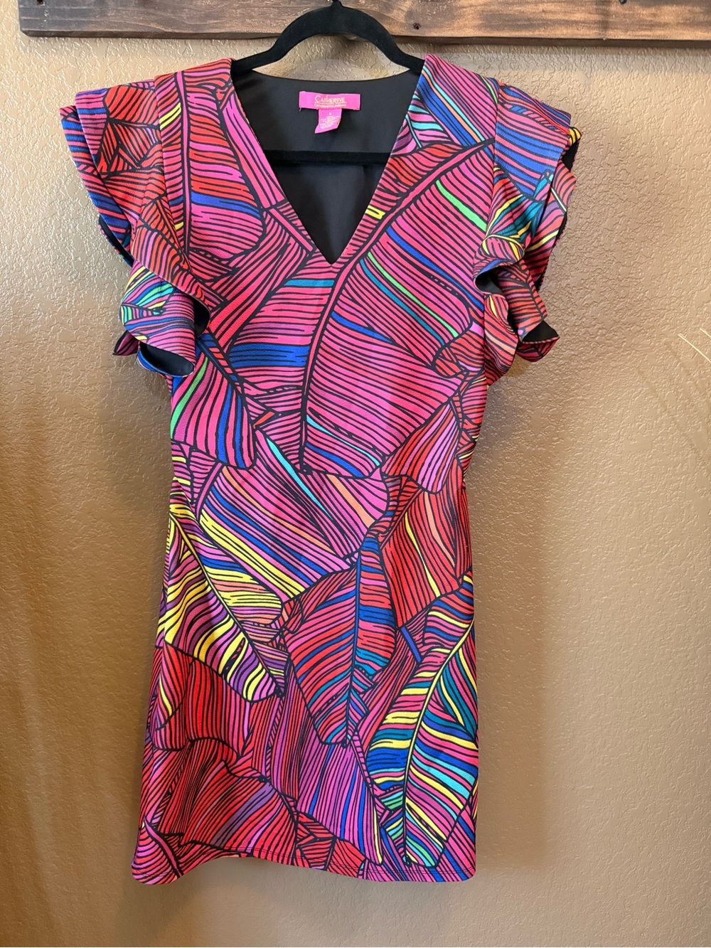 Catherine Malandrino Pink Multicolor V-Neck Ruffle Sleeve Dress